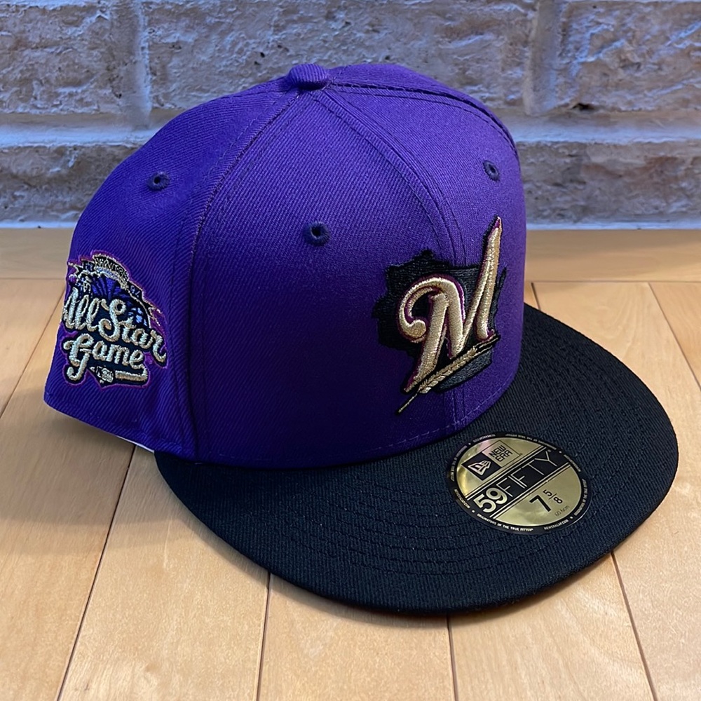 New Era 59Fifty Milwaukee Brewers Fitted Hat Size 7 5/8 Purple UV 2002 ASG Patch